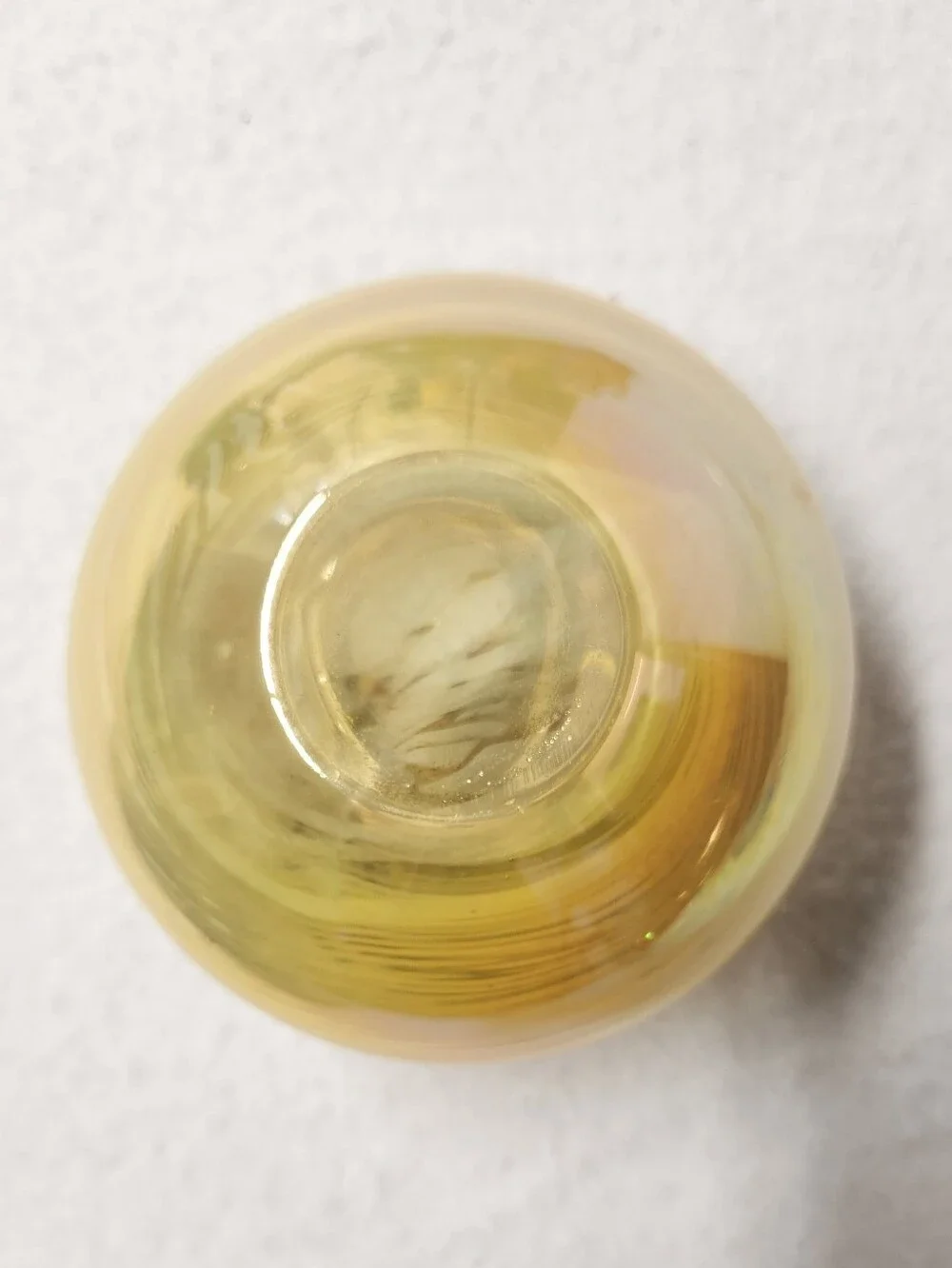 Vintage Iridescent Art Glass Swirl Vase Amber Gold Hand Blown Squat Bud Vessel